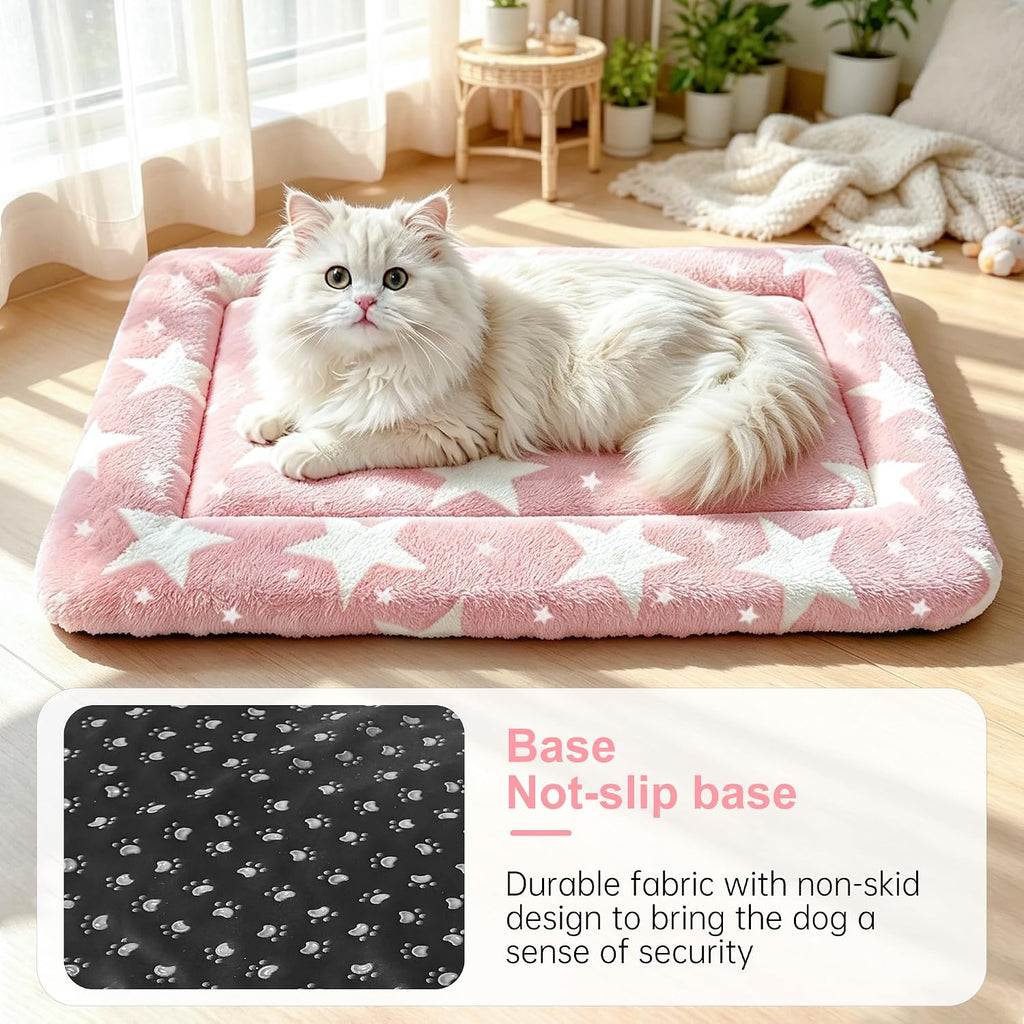 Dog Bed Mat, Reversible Crate Pad & Cute Dog Bed - Machine Washable Kennel Mat with Ultra Soft (Big&Small Stars Pink, 18" L x 14" W x 1.5" Th)