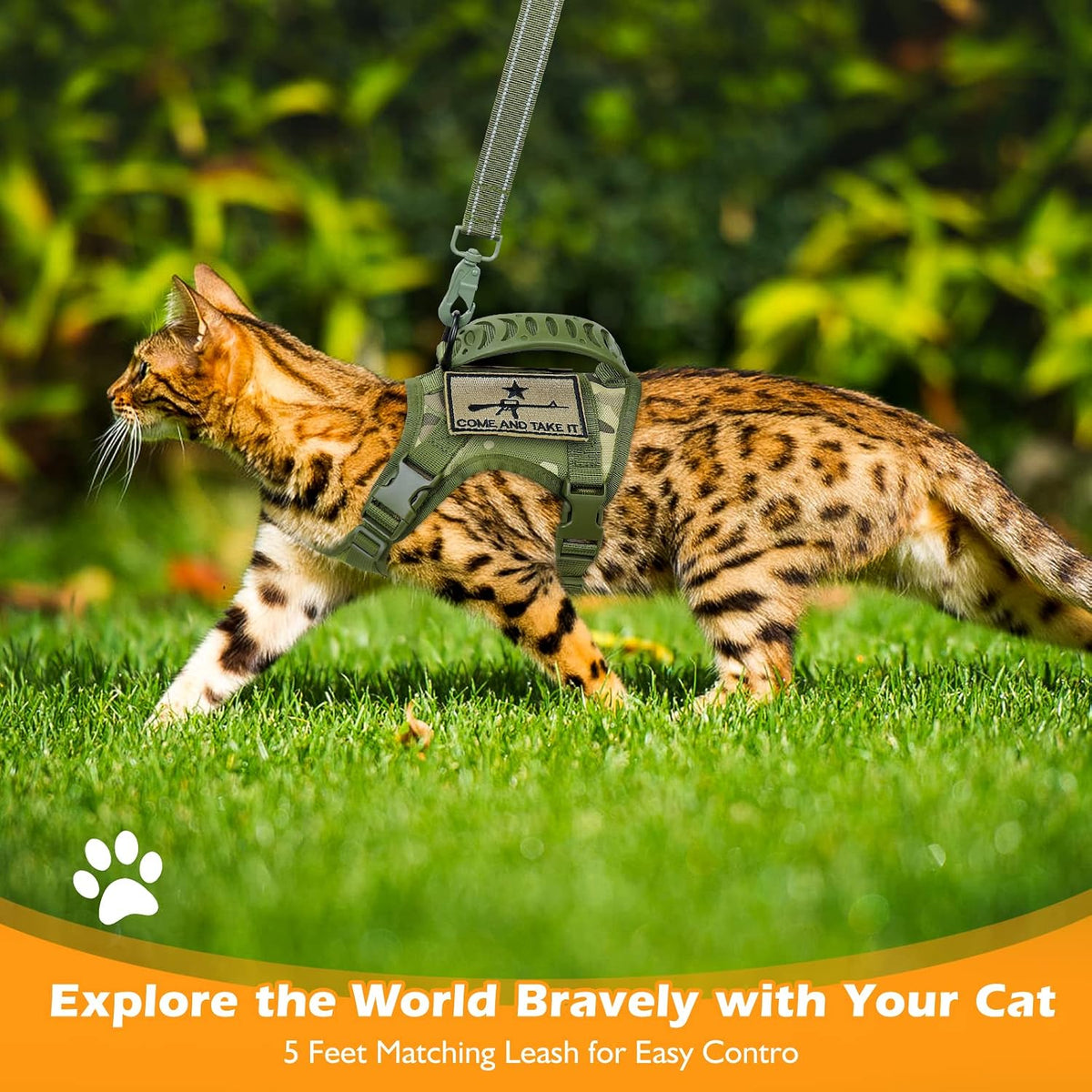 Tactical Cat Harness and Leash Set for Walking Escape Proof, Adjustable Large Cat Vest Harness with Molle Patches, Soft Mesh Padding, Rubber Handle Easy to Control