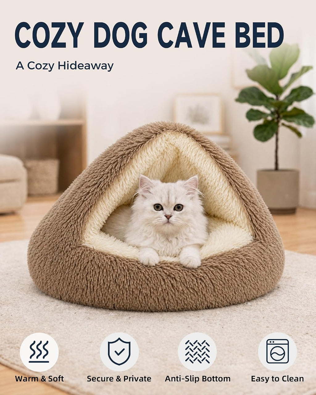 ShinHye Round Plush Fluffy Hooded Cat Bed Cave, Cozy for Indoor Cats or Small Dogs, Waterproof Bottom, Washable（20 in）