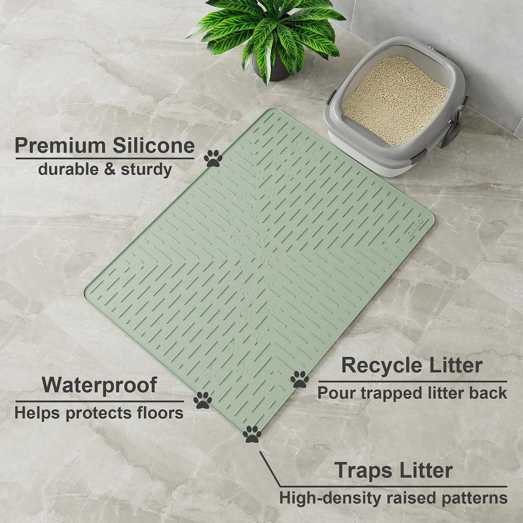 OHMO XL Cat Litter Mat, 37.5x25.2 Silicone Trapping Mat Sage Green | for Kitty Litter Box, Easy Clean, BPA Free Rubber, Center Litter Collection, Easy Pour-Back, Waterproof, Odor-Resistant