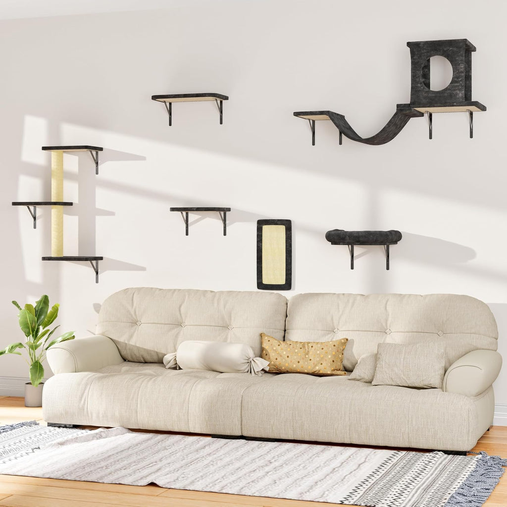 Cat Wall Shelves, 6 Pcs Luxury Wall-Mounted Cat Climber Shelves, Dark Gray
