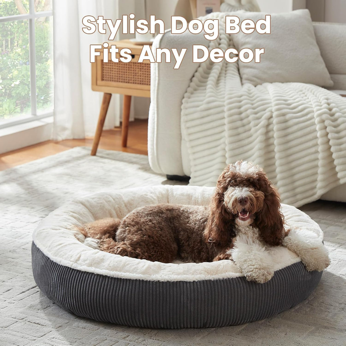 42 inches Calming Donut Dog Bed for Large Plus Dogs,Dark Grey