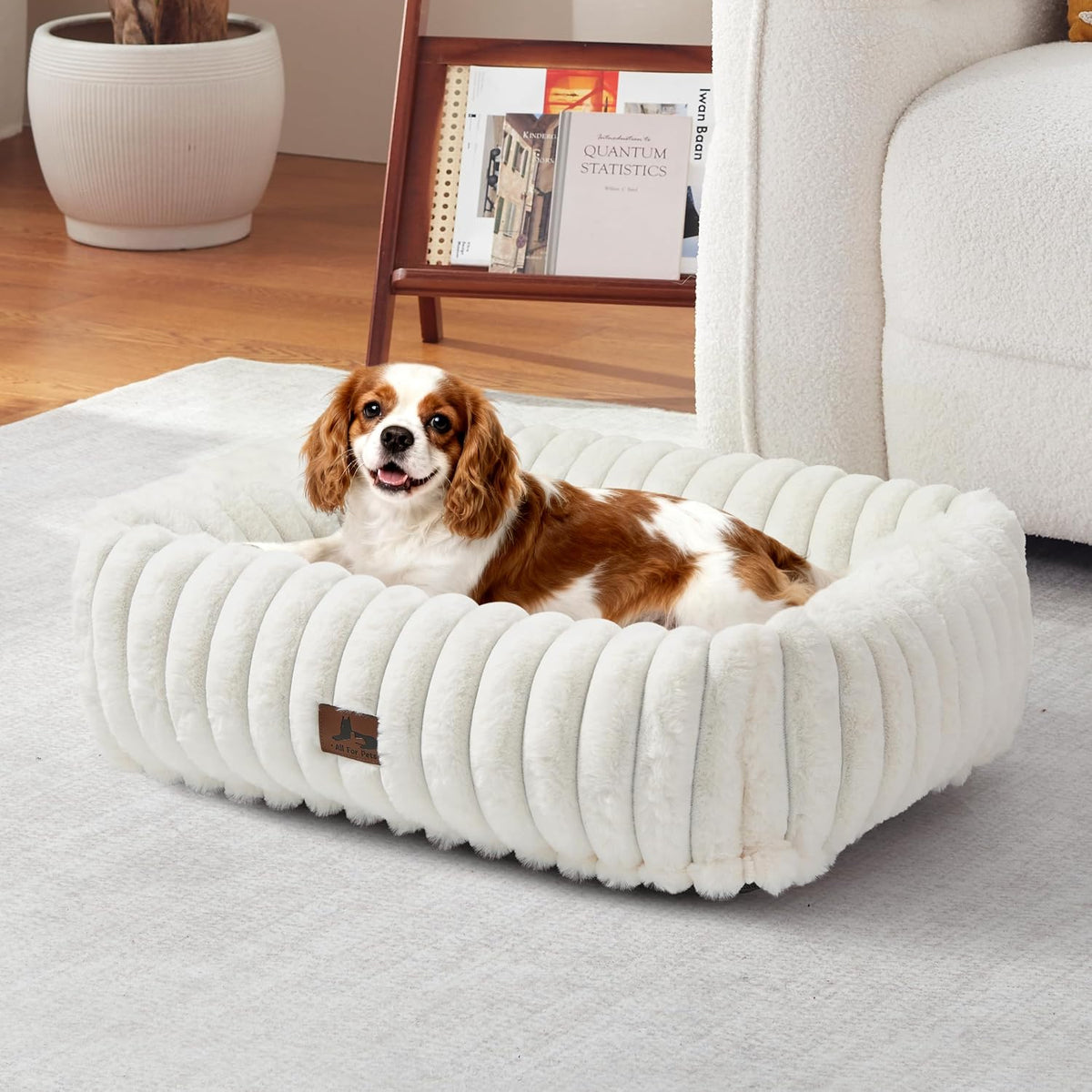 Washable Dog Bed for Small Medium Dogs, Rectangle Orthopedic Pet Bed with Removable Cover, Fluffy Memory Foam Dog Beds with Anti-Slip Bottom, Cream (25x21x7 inches)