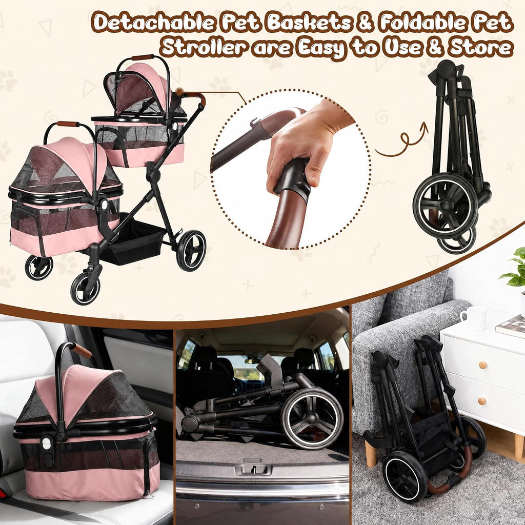 Foldable Double Pet Stroller for 2 Small Medium Cats Dogs