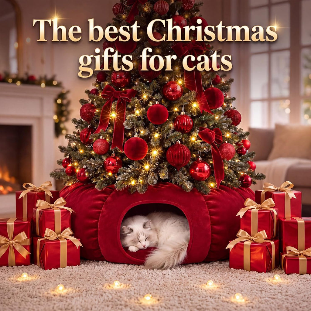 Christmas Tree Cat Tunnel 36 in Donut Bed, Red, Velvet, Fluffy