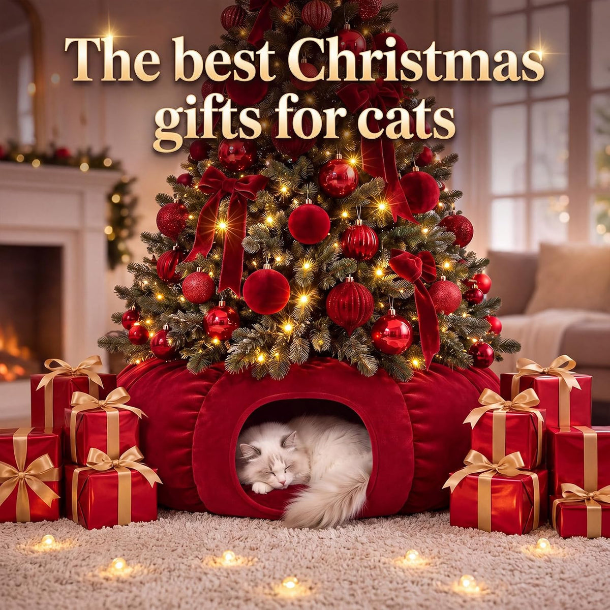 Christmas Tree Cat Tunnel 36 in Donut Bed, Red, Velvet, Fluffy