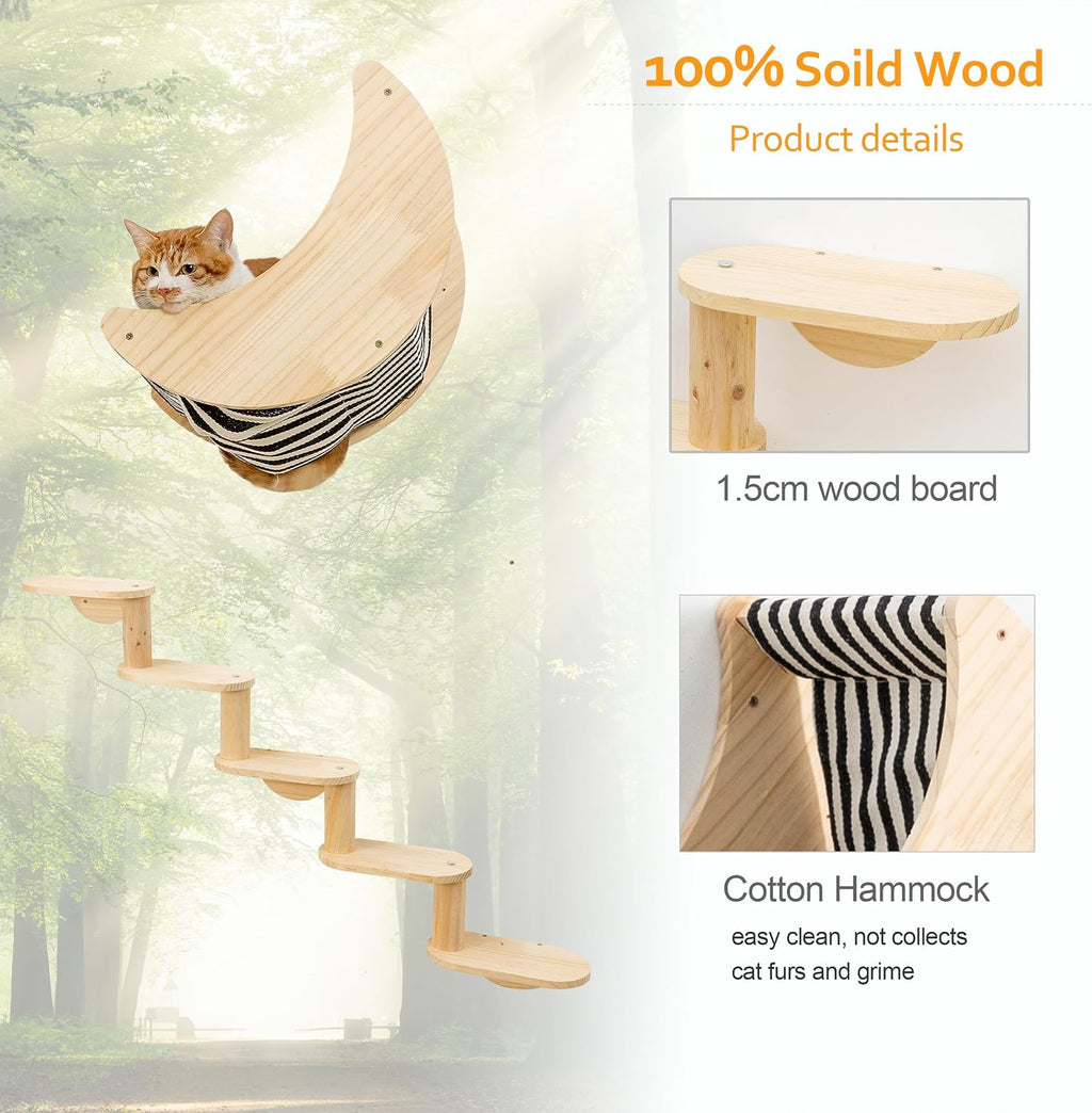 Cat Wall Shelves, Solid Wood Moon Bed, 5-Step Stairs for Vertical Climbing