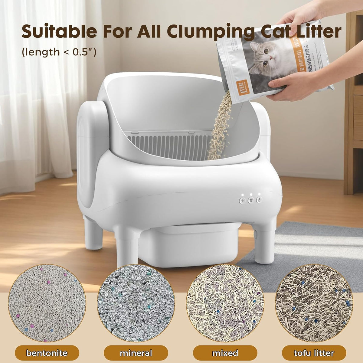 GTPLAYER Self Cleaning Litter Box, Open Top Cat Automatic Litter Box - APP Control and Weight Monitoring, Safety Sensors Protection, Ultra-Quiet, Odor Control, Includes Trash Bag& Scrub Brush, White