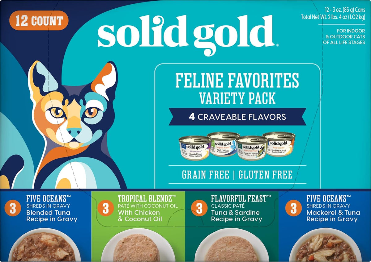Solid Gold Let's Stay in - Dry Cat Food for Indoor Cats - Hairball & Sensitive Stomach Support - Salmon 6lb - Wet Cat Food Variety Pack - Wet Cat Food Pate & Shreds in Gravy Recipes - 12 Pack
