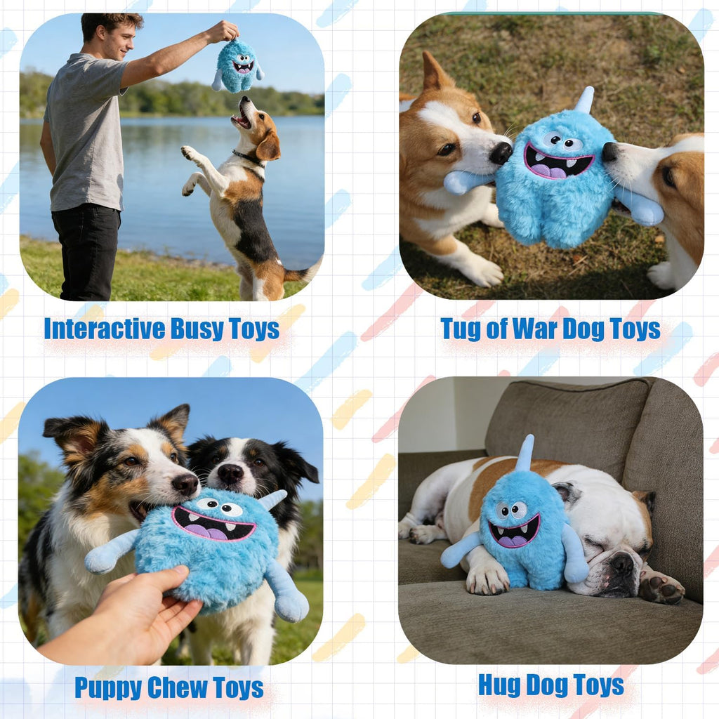 Monster Stuffed Squeaky Dog Toy, Crinkle Dog Plush Toy, Light Blue | Soft Lightweight Toy for Fetch and Chew, Interactive Outdoor Indoor Play for Tug, Birthday Gift, For Puppy Small Medium Dog