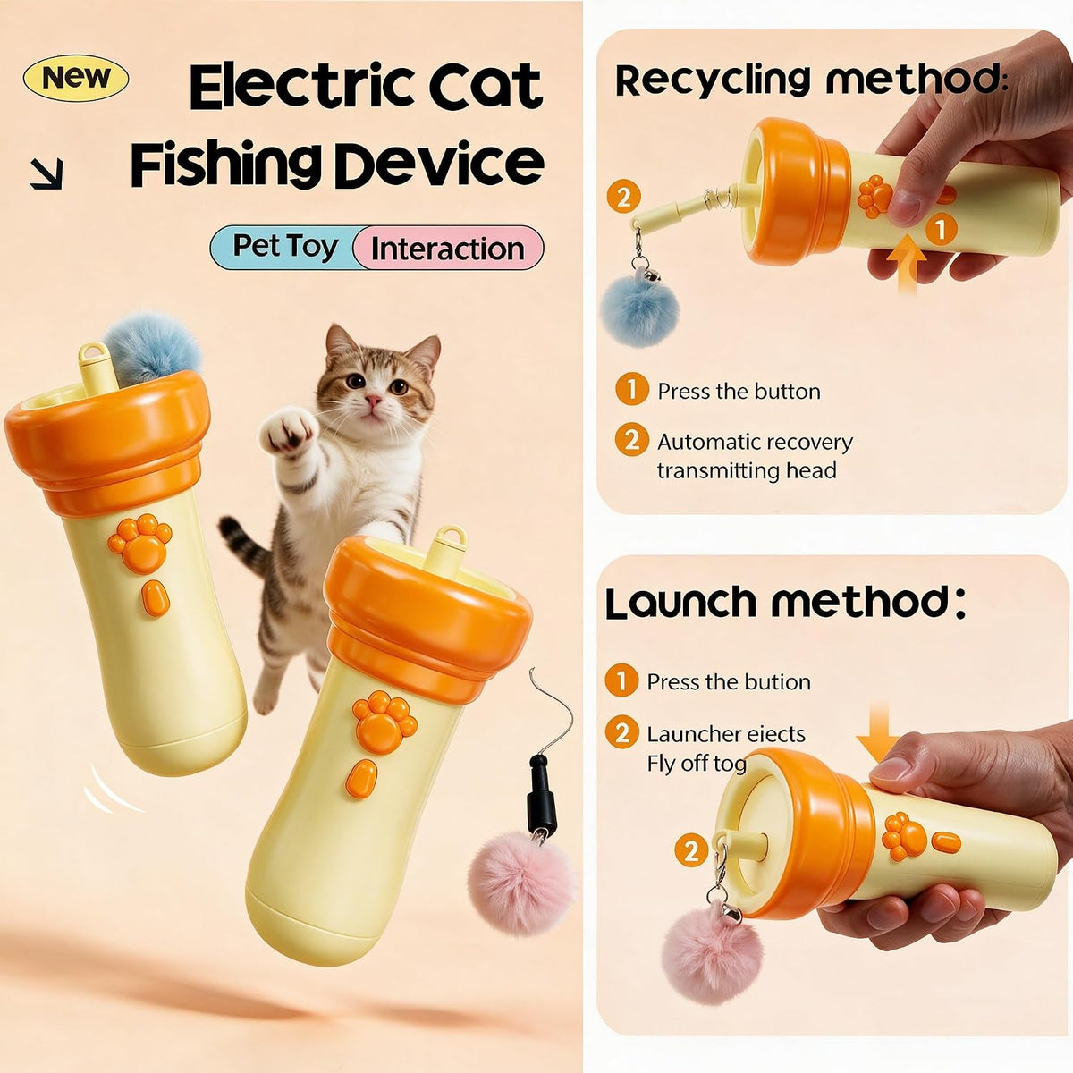 Electric Cat Wand Toy Retractable for Indoor Cats, Kittens Teaser Launcher with Ball & Telescopic Rope Launcher, Electric Interactive Toys for Cats, Relief Enrichment Toys (Orange)
