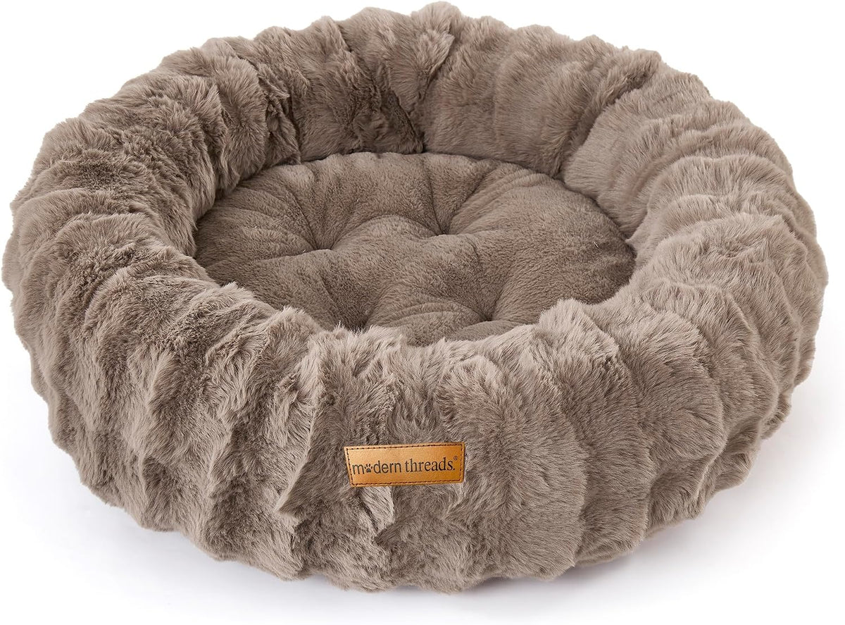 Modern Threads Calming Donut Dog Bed for Medium Dogs, Plush Round Faux Fur Pet Bed with Raised Bolster, Soft Washable Dog Bed, 30x30x9, Taupe