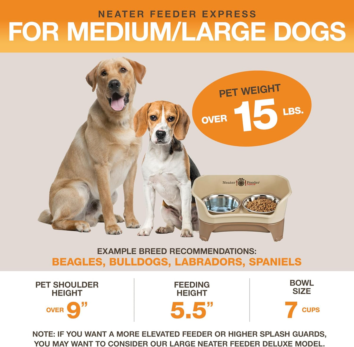 Neater Feeder Express Mess Proof Dog Bowls Elevated for Medium to Large Sized Breed, No Spill Raised Dog Food Bowl Stand, Stainless Steel Food and Water Bowl Set, Pet Dish Feeding Station, Cappuccino 