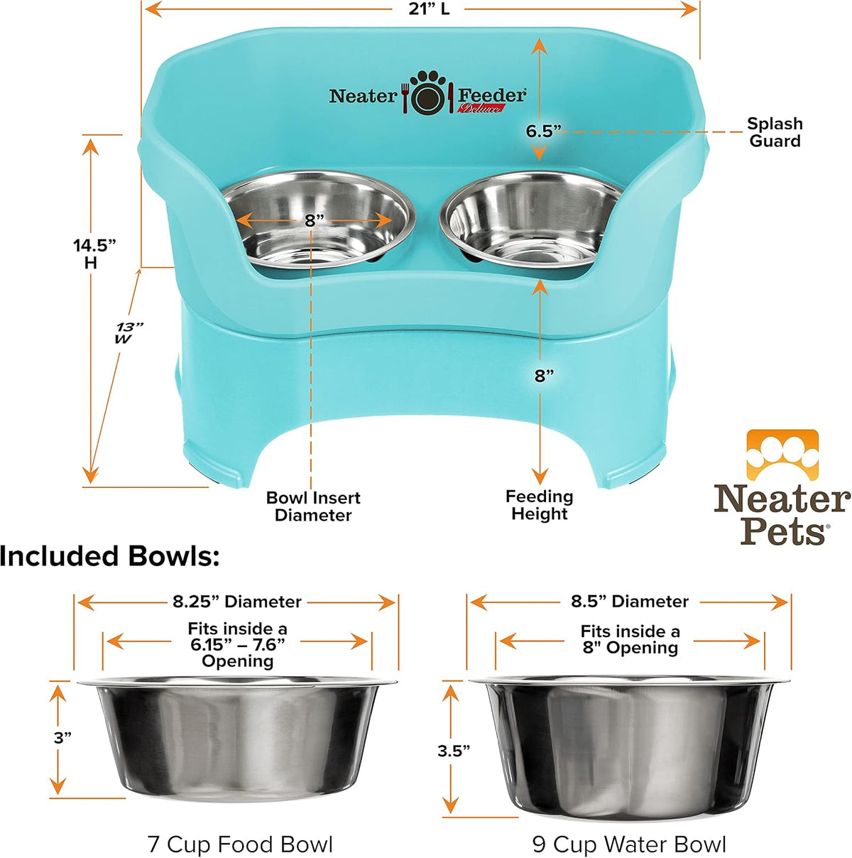 Neater Pet Brands Neater Feeder Deluxe Mess Proof Dog Bowls Elevated for Large Dogs Over 40 lbs, Made in USA, No Spill Raised Dog Food Bowl Stand Feeding Station, Food and Water Bowl Set, Aquamarine 