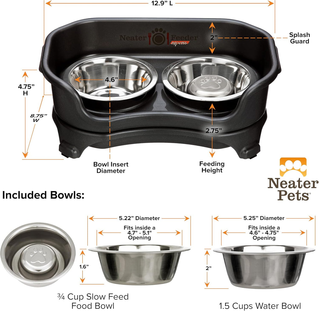 Neater Feeder Express Mess Proof Dog Bowls Elevated for Small Breed – Made in USA – No Spill Raised Slow Feeder Elevated Dog Bowl Stand, Stainless Steel Food and Water Bowl Set, Black