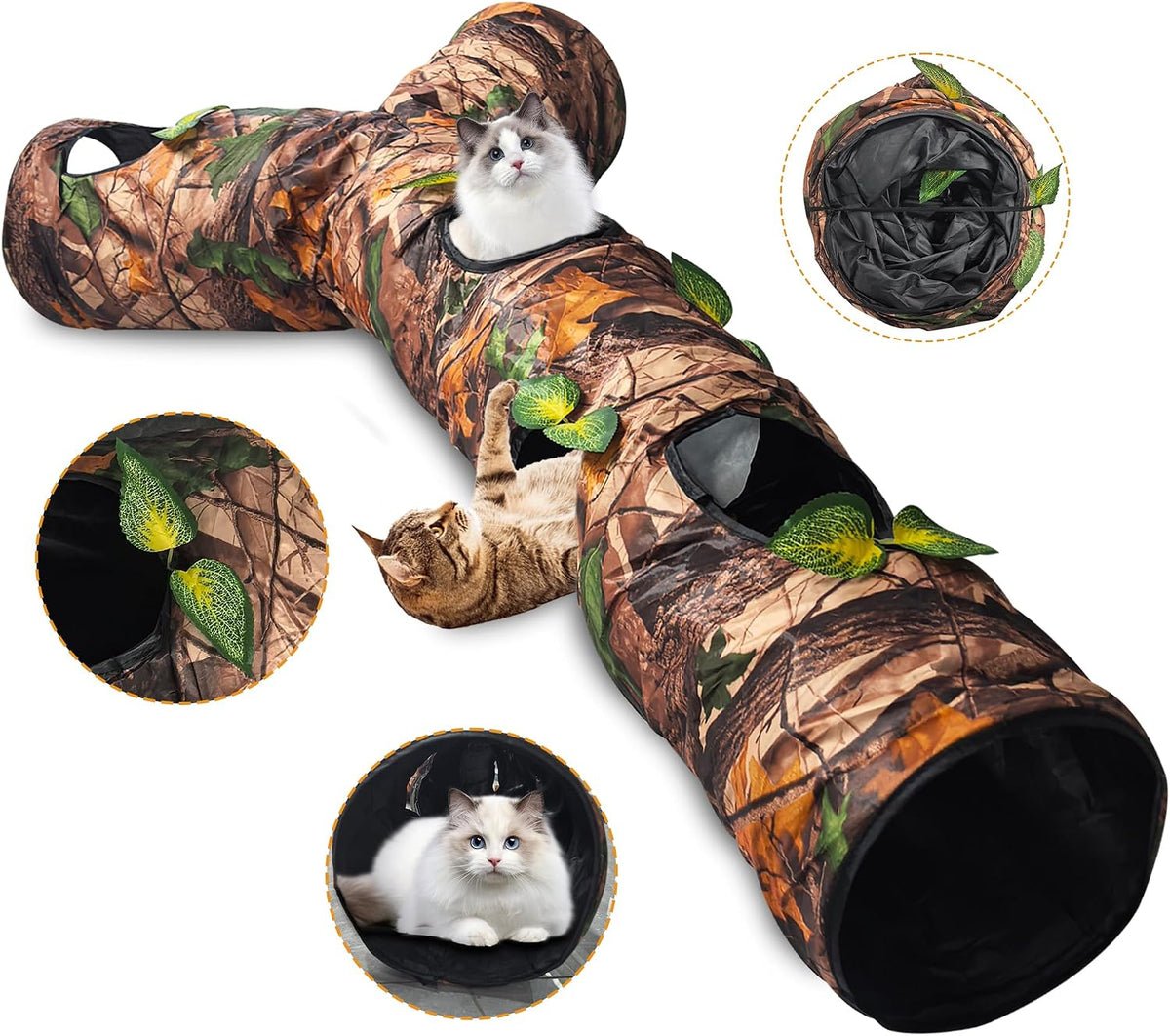 Cat Tunnels for Indoor Cats Large, 3 Way Cat Tunnel with 5 Holes and Leaves, Cat Tunnel Toy with Loud Paper - Pop Up Collapsible - Connect More Tunnels for Large Cat, Puppy, Kitten