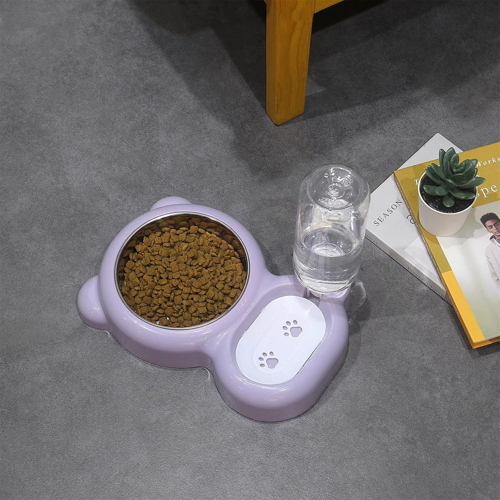 Dog Bowls, Cat Food and Water Bowl Set with Water Dispenser and Stainless Steel Bowl for Cats and Small Dogs - Purple 