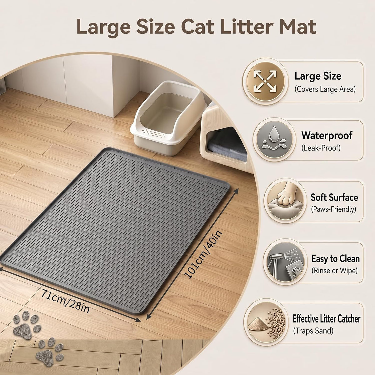 Cat Litter Mat 40"x28", Silicone Waterproof Litter Box Mat, Non-Slip Litter Trapping Mat for Cats, Easy Clean Foldable, Dark Gray