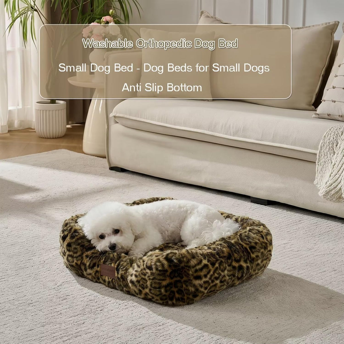 Washable Orthopedic Dog Bed,Rectangle Fleece & Luxury Pet Bed with Removable Zipper Cover & Anti-Slip Bottom,Suitable for Medium Large Dogs,30x25x7.5inches,Leopard Brown