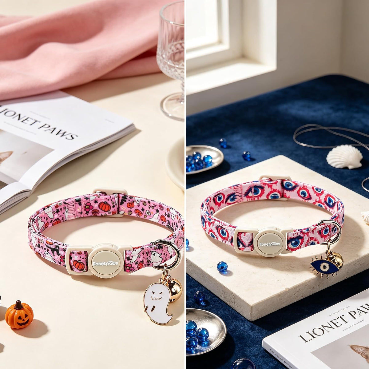 LIONET PAWS 2 Pack Breakaway Cat Collars, Cute Soft Cotton Halloween Pink Ghost Pumpkin & Evil Eye Kitten Collars with Bell & Charm for Boy Girl Cats