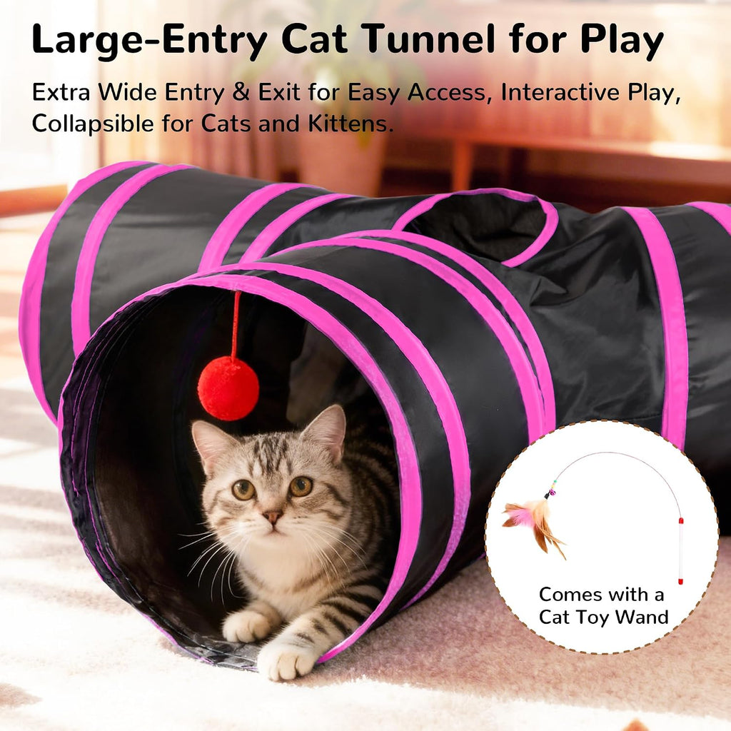 Tempcore Cat Tunnel, 3-Way Collapsible Toy, Large Size Black & Rose Red | Large Size 3-Way Cat Tunnel Provides More Room for Cats to Run, Hide and Chase, with Peek Holes, Hanging Ball and Teaser Wand