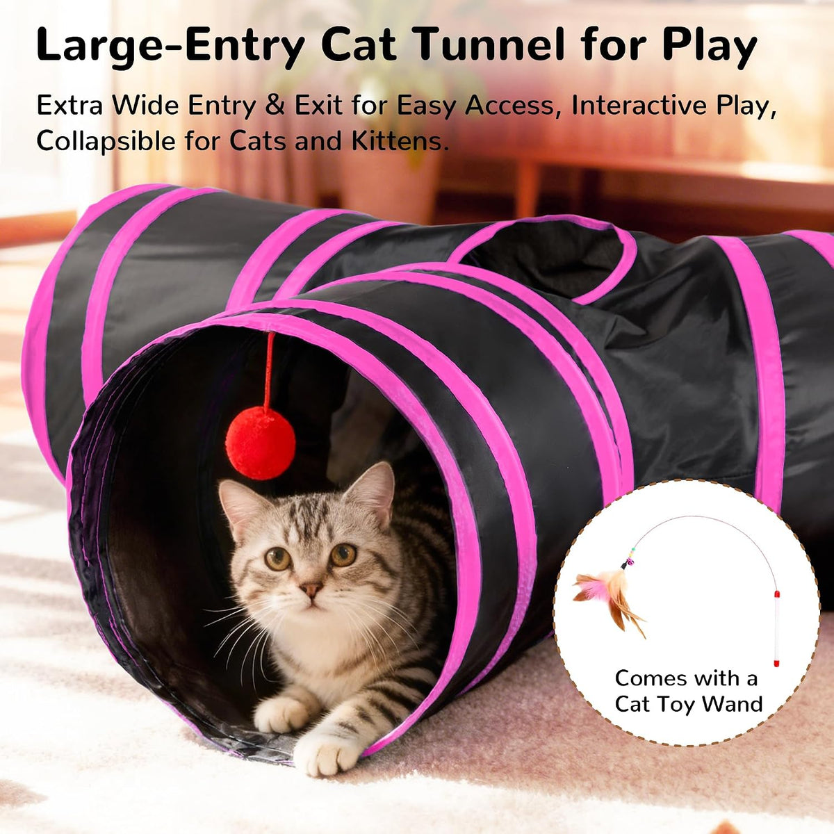 Tempcore Cat Tunnel, 3-Way Collapsible Toy, Large Size Black & Rose Red | Large Size 3-Way Cat Tunnel Provides More Room for Cats to Run, Hide and Chase, with Peek Holes, Hanging Ball and Teaser Wand