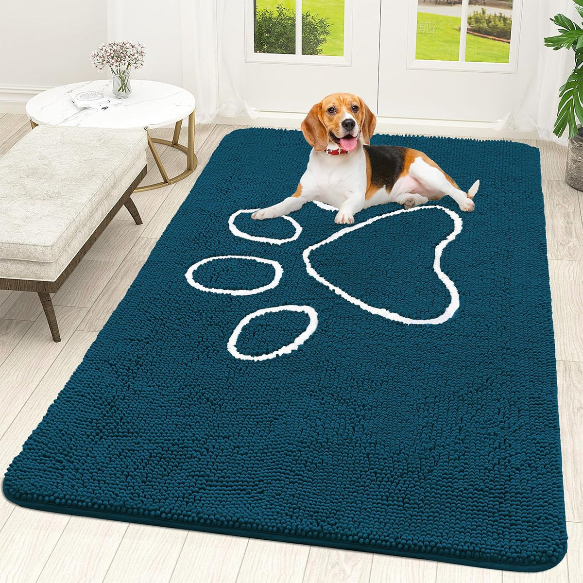 OLANLY Dog Door Mat for Muddy Paws 59x35, Paw Print Design Chenille Mud Mat