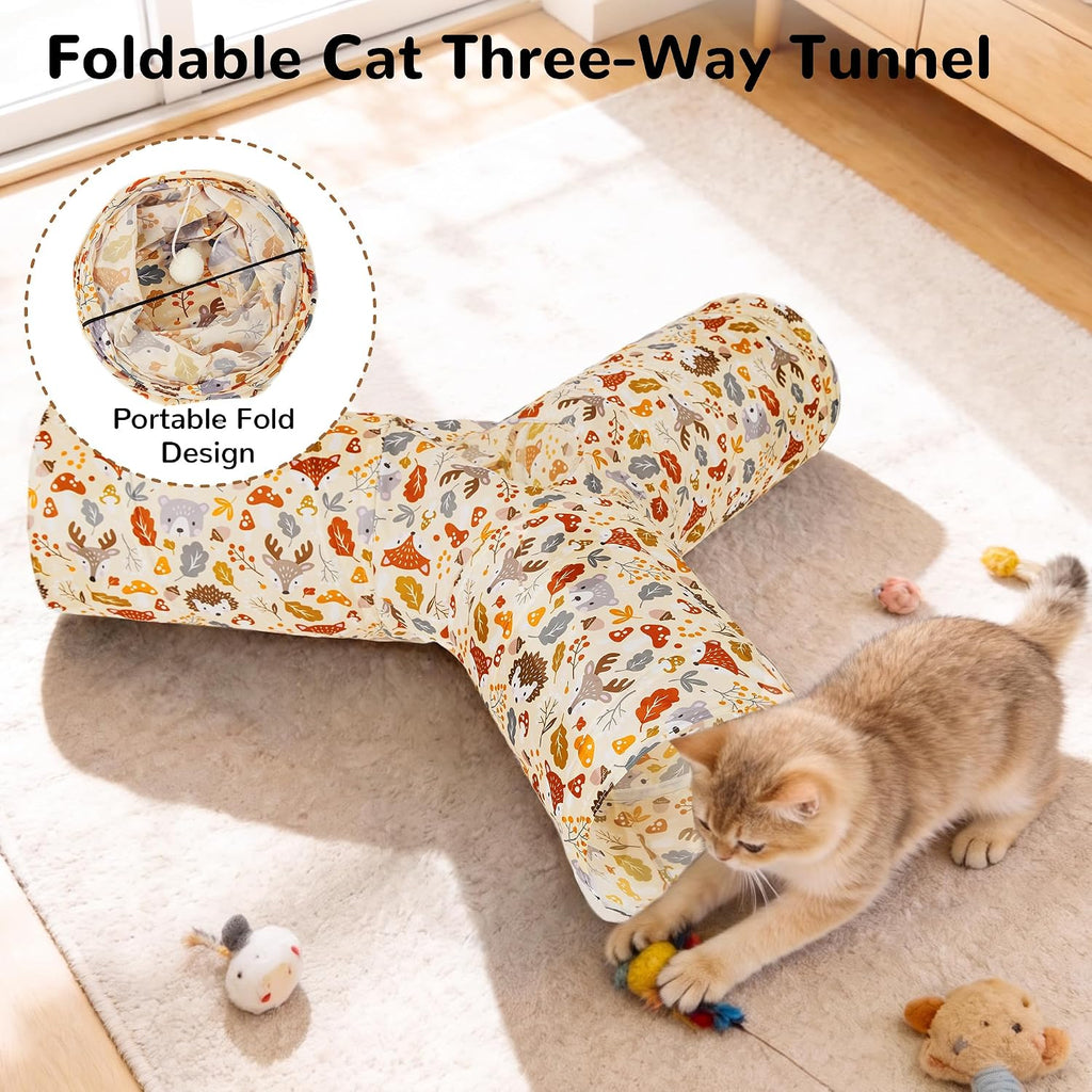 Tempcore Cat Tunnel, 3-Way Collapsible Toy, Large Size Beige Deer | Large Size 3-Way Cat Tunnel Provides More Room for Cats to Run, Hide and Chase, with Peek Holes, Hanging Ball and Teaser Wand