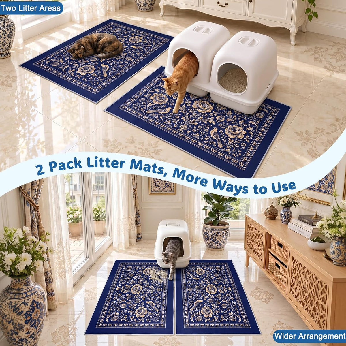 Bienbee Cat Litter Mat, 2 Pack 33" x 22" Machine Washable for Litter Boxes