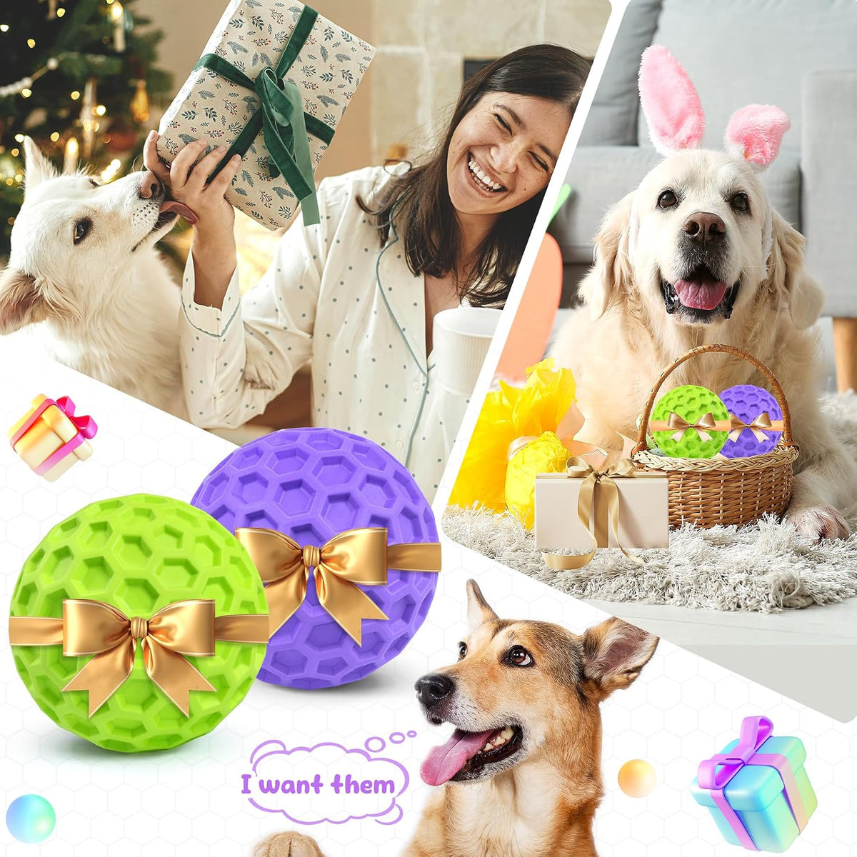 Squeaky Dog Toys for Aggressive Chewers, Indestructible Dog Balls for Aggressive Chewers, Purple Squeaky Balls for Dogs, Interactive Toys for Large Dogs to Relax