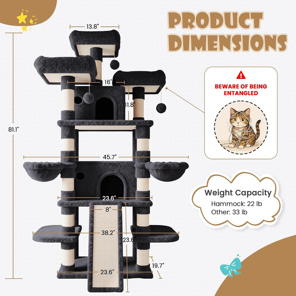 SHA CERLIN 81 Inches Extra Large Cat Tree for Indoor Adult Cats/XXL Big Cat Tower with Condo/Cozy Perches/Sisal Scratching Posts and Hammocks/Activity Center/F80/Heavy Duty/Dark Grey