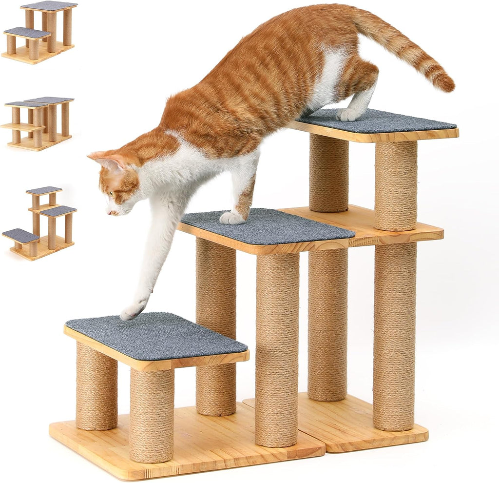 FUKUMARU Dog Stairs, Solid Wood Pet Stairs with Cat Scratching Post