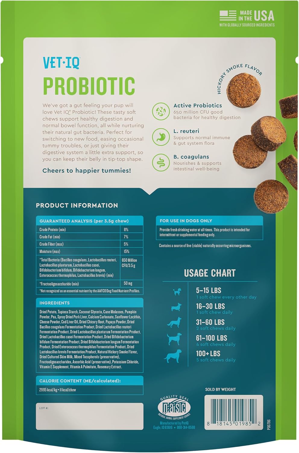 VetIQ Probiotic Supplement for Dogs, Gut & Bowel Support, 60 Count