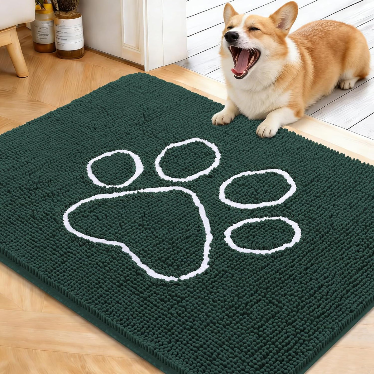 OLANLY Dog Door Mat for Muddy Paws 40x32, Paw Print Design Chenille Mud Mat