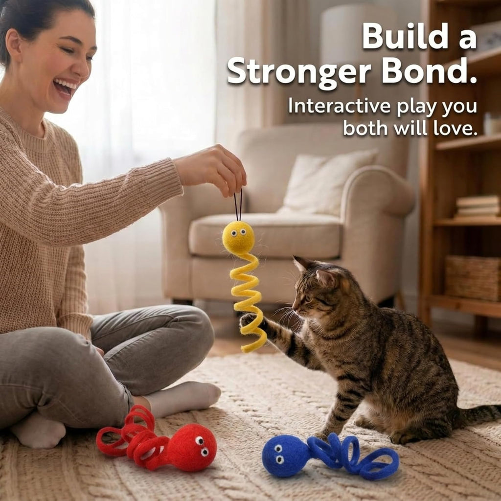 Glaciart One Wool Felt Spring Cat Toys, 3 Pack Handmade Stretchy Coil Springs for Indoor Cats & Kittens, Interactive Fuzzy Cat Toy, AZO-Free Dyes, 4 Inch