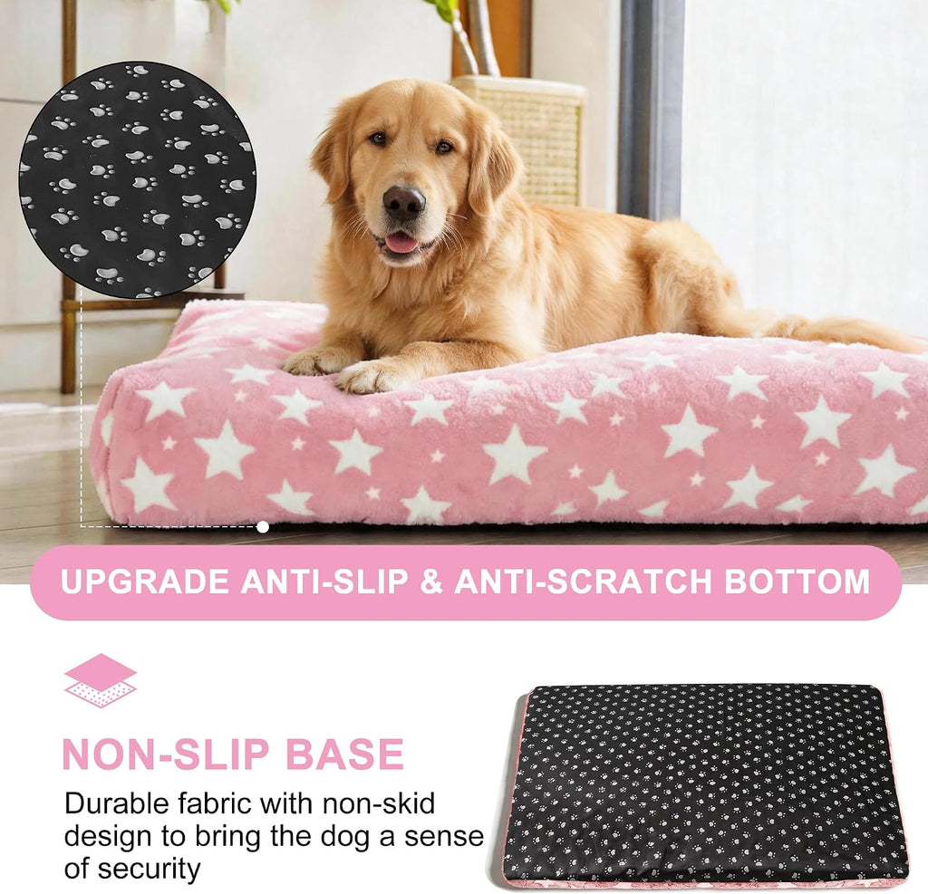 Orthopedic Dog Bed for Large Dogs, Washable Dog Mat with Removable Zippered Cover, Non-Slip Bottom, Comfort Crate Bed (Big&Little Stars Pink, L(35"*23"*3.1"))