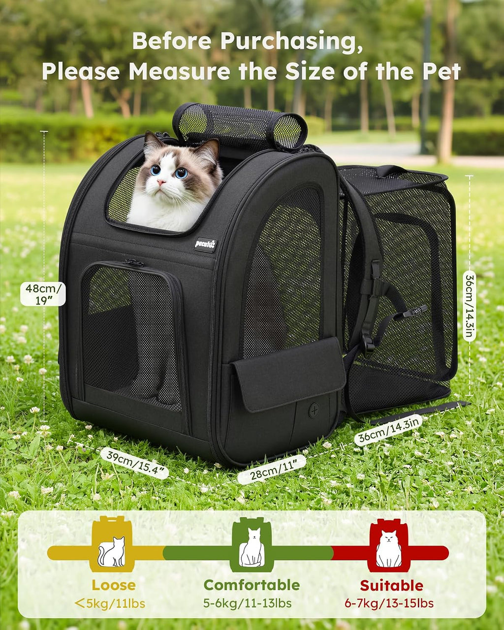 pecute Dog Backpack Expandable, Cat Carrier Backpack Breathable, Large