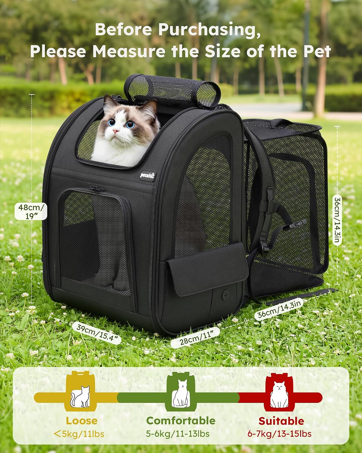 pecute Dog Backpack Expandable, Cat Carrier Backpack Breathable, Large