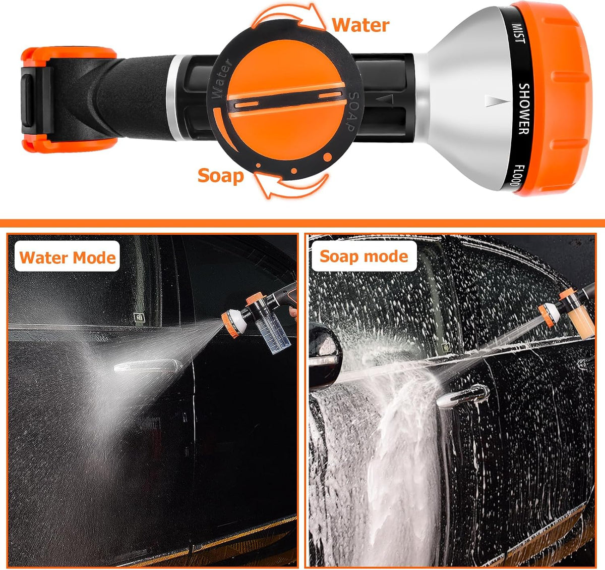 Upgrade Dog Washing Hose Attachment with Soap Dispenser, Dog Bath Hose Attachment with Pet Bath Brush Car Wash Mitt and Dog Comb for Watering Plants, Lawn, Showering Pet(Orange)