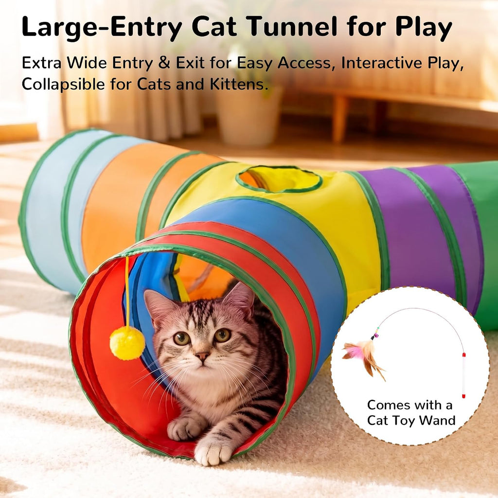 Tempcore Cat Tunnel, 3-Way Collapsible Toy, Large Size Rainbow | Large Size 3-Way Cat Tunnel Provides More Room for Cats to Run, Hide and Chase, with Peek Holes, Hanging Ball and Teaser Wand