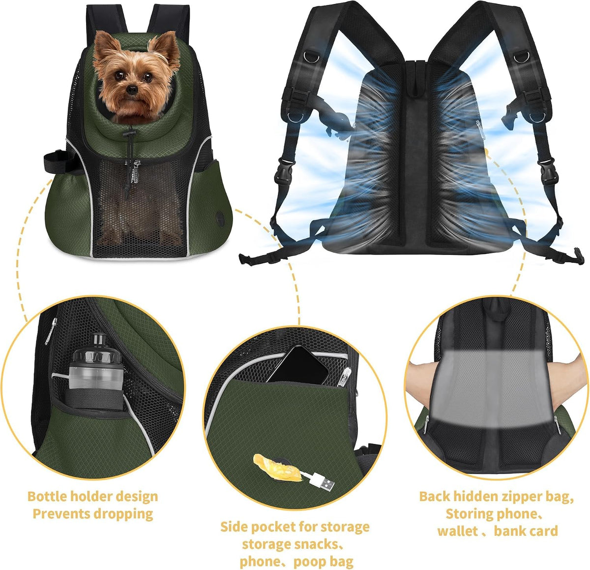 WOYYHO Pet Dog Carrier Backpack, Ventilated Mesh Small Dog Front Backpack