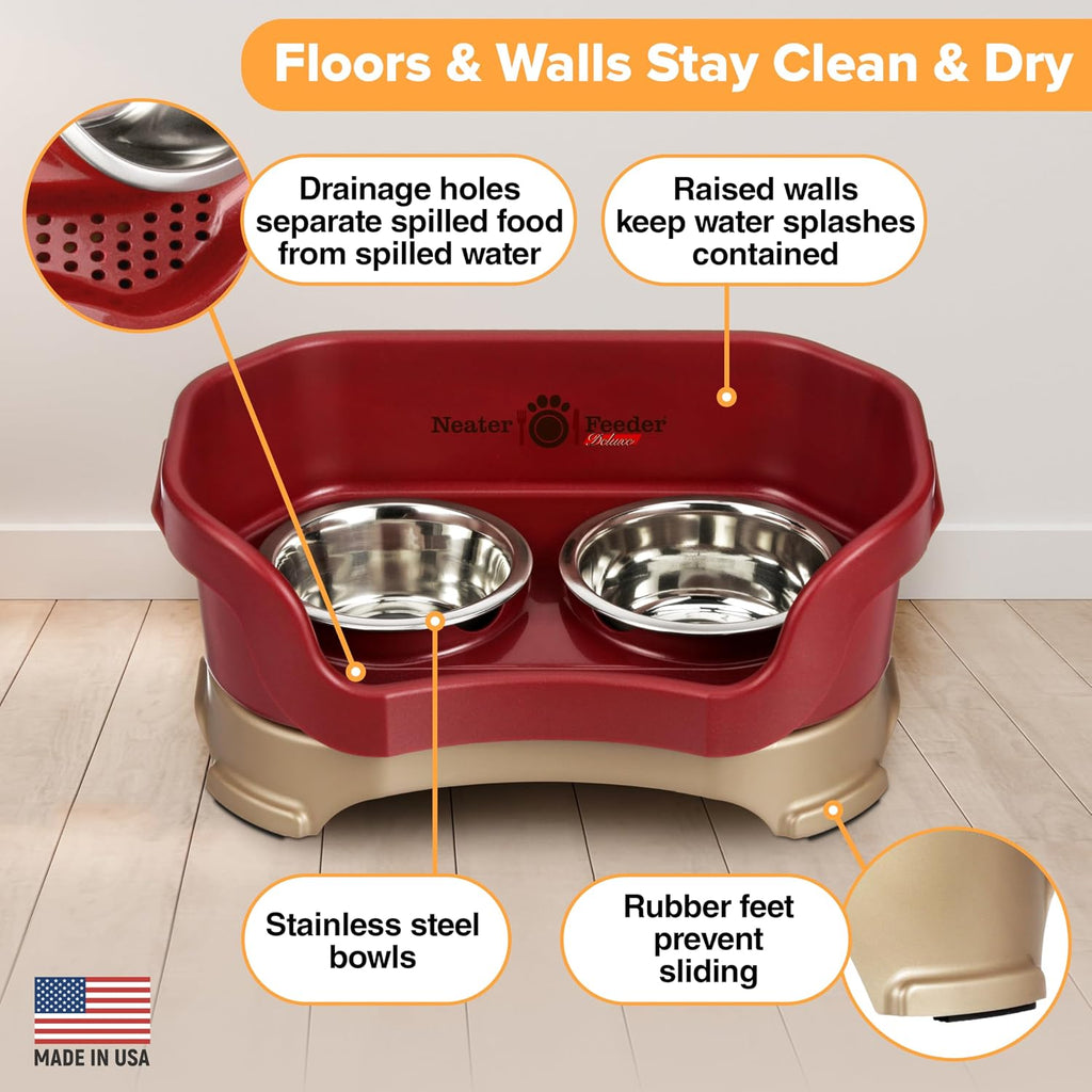 Neater Pet Brands Neater Feeder Deluxe Mess Proof Dog Bowls Elevated for Small Dogs Under 19 lbs, Made in USA, No Spill Raised Dog Food Bowl Stand Feeding Station, Food and Water Bowl Set, Cranberry 