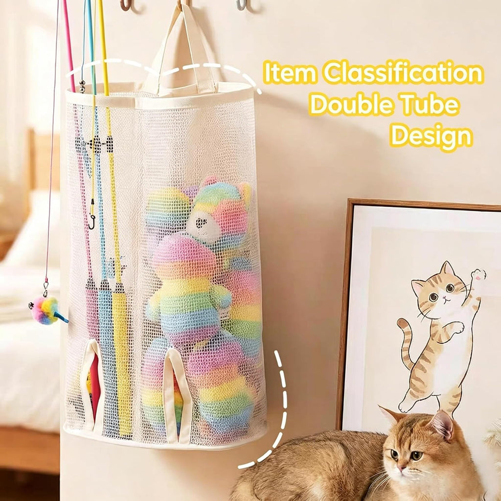 2 Pcs 15.16" Height Cat Wand Toy Organizer Storage Holder Bag, Not Suitable for Small Toys (w/ an Opening in the Bottom), Kitten Stick Toy Mesh for Cat Feather Toys Wall Hanging with Adhesive Hooks