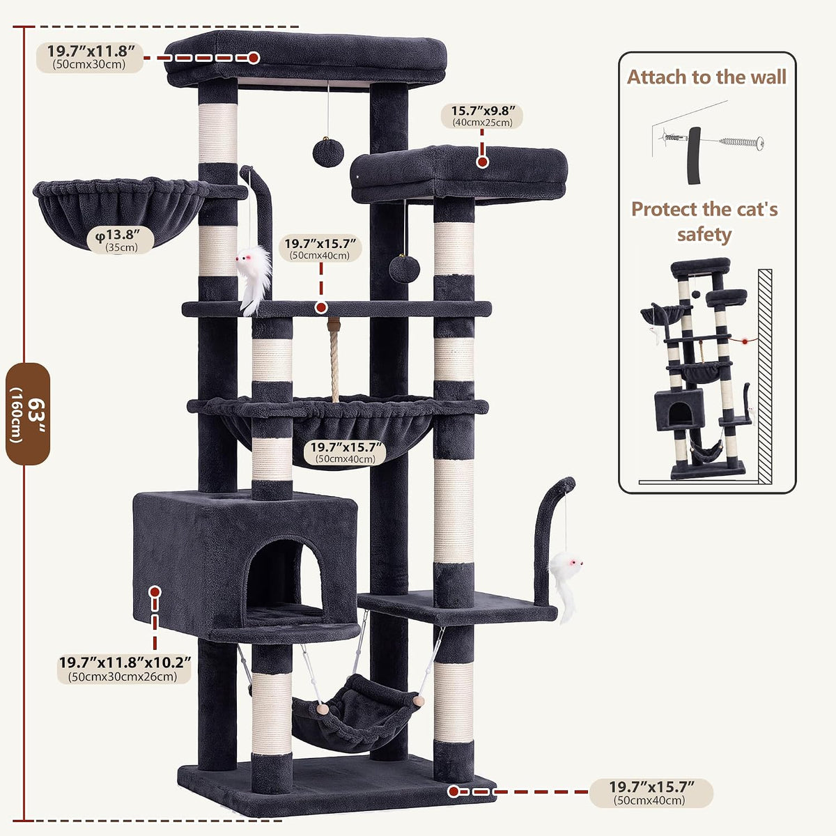 Gitelsnour Cat Tree, 63'' Cat Tower for Large Cats, Big Hammock GCT020G