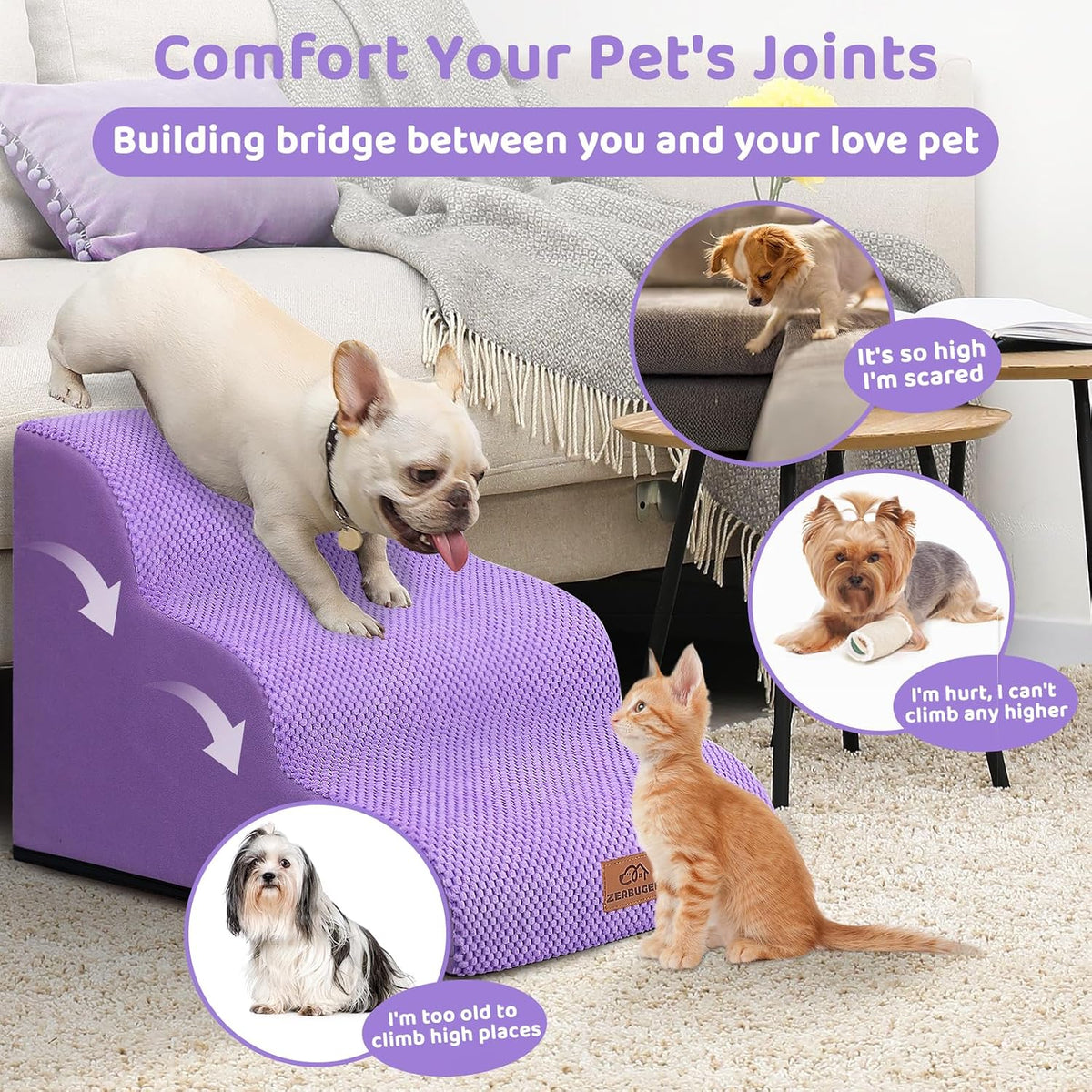 Zerbuger Dog Ramp and Stairs for Bed, Purple 3 Steps 16" H, Nonslip Cover