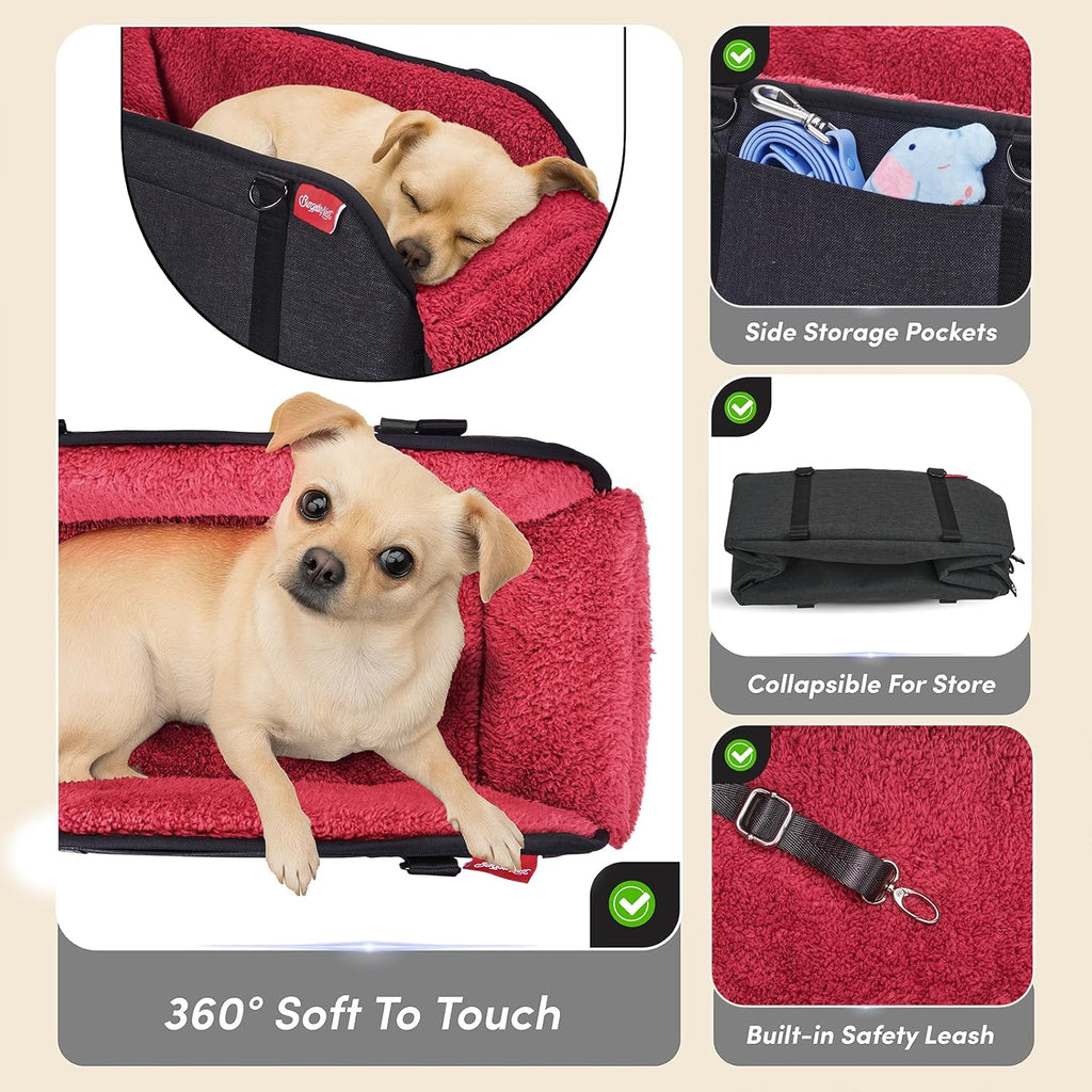 BurgeonNest Center Console Dog Car Seat for Small Pets to 11lbs, Red