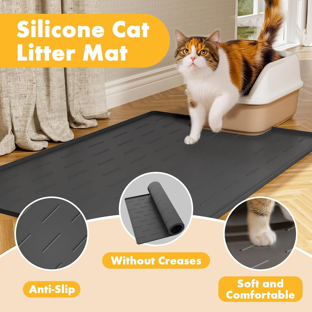 Pieviev Silicone Cat Litter Mat, Traps Litter & Easy to Clean, 34'' x 22'' | Raised Edges Lock Litter & Urine, Scratch and Wear-Resistant Cat Box Mat, Non-Slip Backing, Fit Most Standard Boxes
