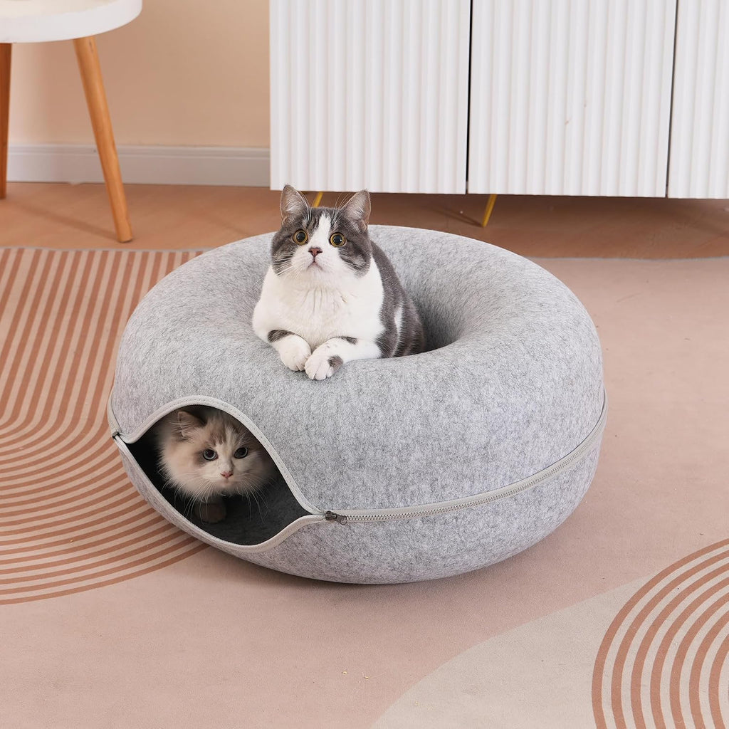Large Cat Tunnel Bed for Indoor Cats with 3 Toys, Scratch Resistant Donut Cat Bed, Up to 30 Lbs (L 24x24x11, Light Grey)