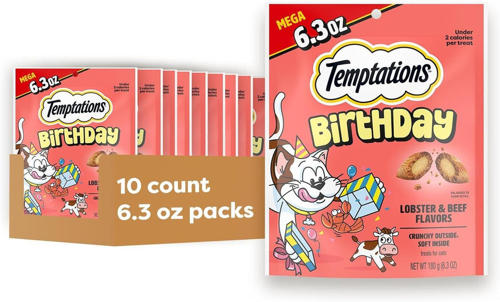 Temptations Birthday Crunchy Cat Treats, Lobster & Beef, 6.3 oz, 10 Pack