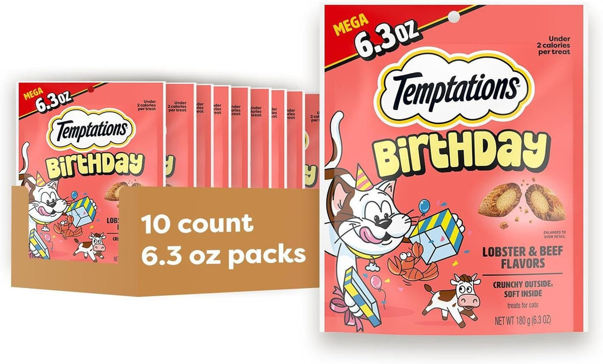 Temptations Birthday Crunchy Cat Treats, Lobster & Beef, 6.3 oz, 10 Pack